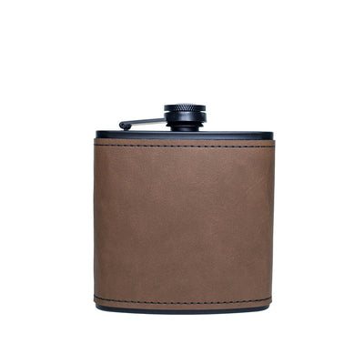 Personalized Leather Wrapped Black Flasks - Dark Brown - Completeful