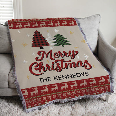 Personalized Merry Christmas Plaid Trees Afghan - 50x60 - Gifts For You Now