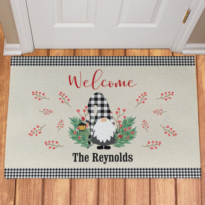 Personalized Welcome Gingham Gnome Doormat - 18x24 - Gifts For You Now