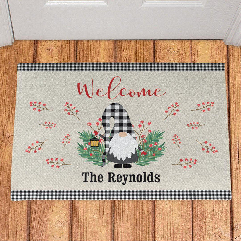 Personalized Welcome Gingham Gnome Doormat -  - Gifts For You Now