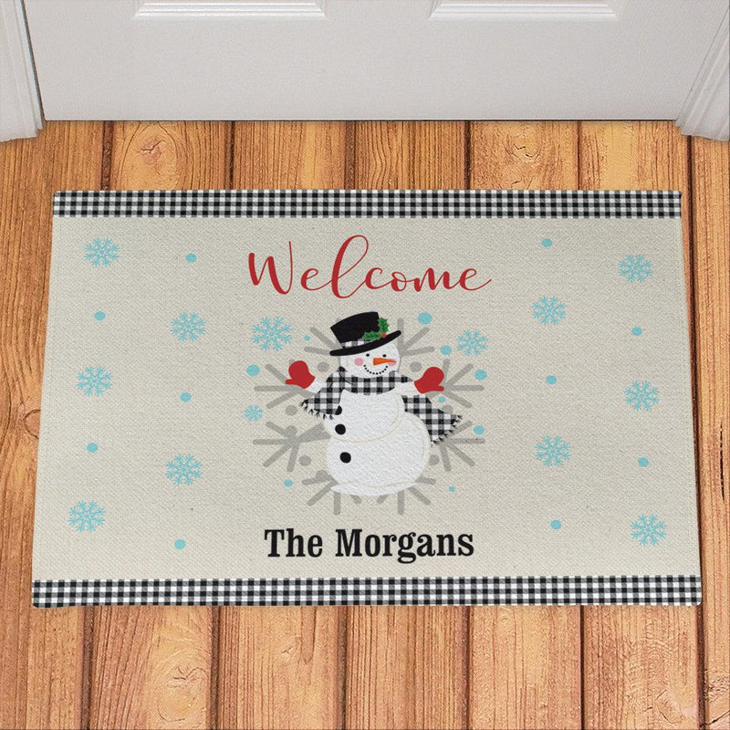 Personalized Welcome Gingham Snowman Doormat - 18x24 - Gifts For You Now