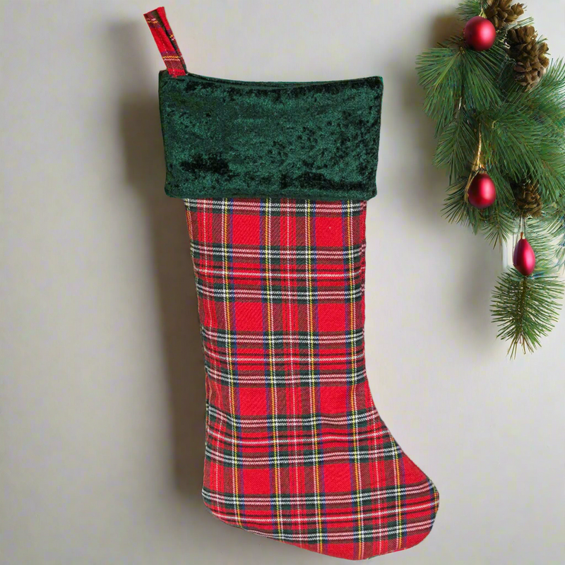 Personalized Red And Green Plaid Stockings - Printed