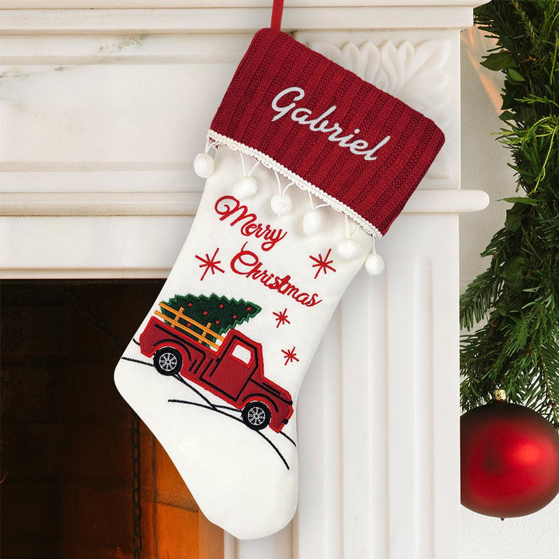 Personalized White Thread Red Truck Stocking -  - Gifts For You Now