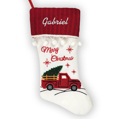 Personalized White Thread Red Truck Stocking -  - Gifts For You Now