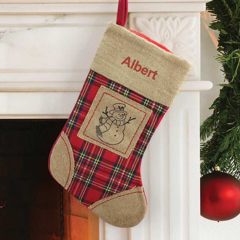 Personalized Red Thread Burlap Snowman Stocking -  - Gifts For You Now