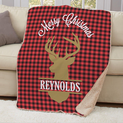 Personalized Plaid Deer Large Sherpa Throw - Tan - Gifts For You Now