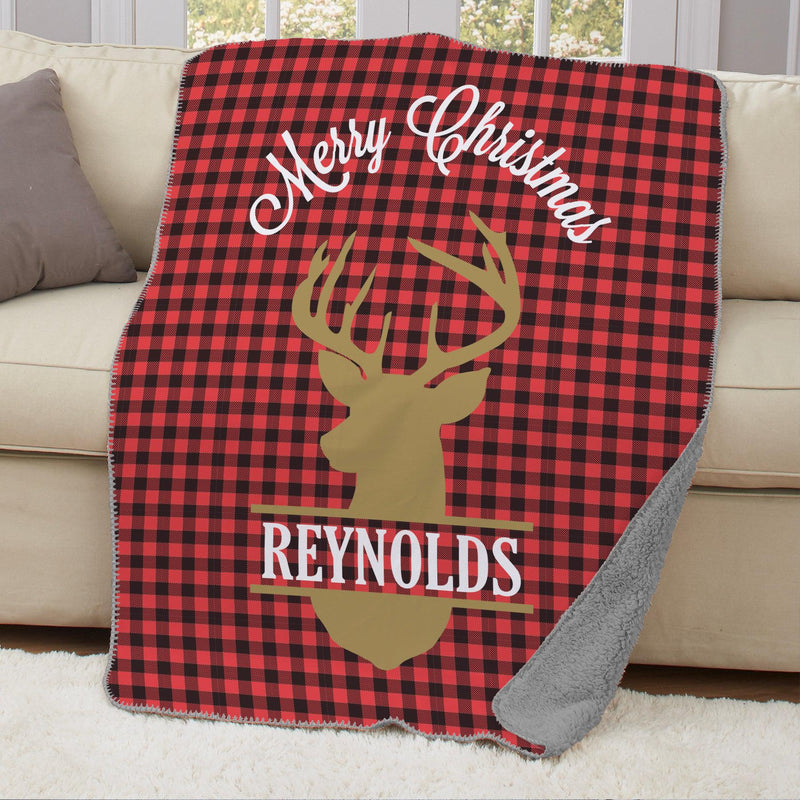 Personalized Plaid Deer Large Sherpa Throw - Grey - Gifts For You Now