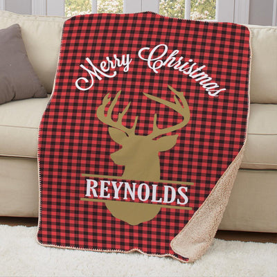 Personalized Plaid Deer Sherpa Lined Throw -  - Gifts For You Now