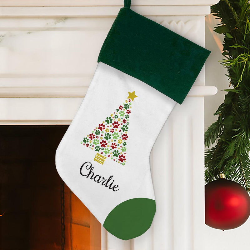 Personalized Paws Christmas Tree Stocking with Green Cuff -  - Gifts For You Now