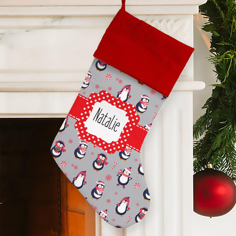 Personalized Penguins Christmas Stocking - Red Cuff - Gifts For You Now