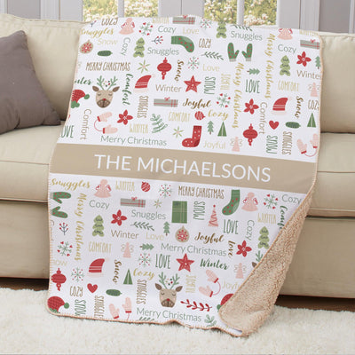 Personalized Large Soft Christmas Word Art Sherpa Lined Throw Blanket - Tan - Gifts For You Now