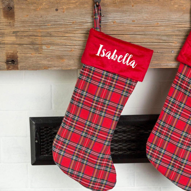 Personalized Red And Green Plaid Stockings - Printed