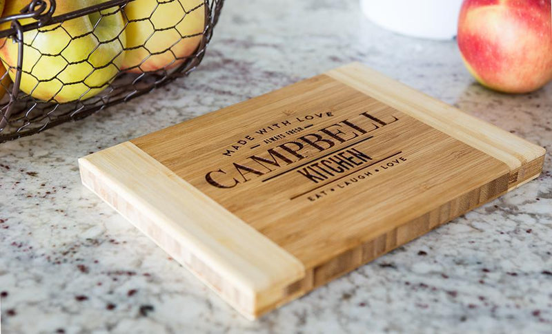 Corporate Gift Item -  Personalized Bamboo Cutting Board 6x8 (Two Tone) - Front Engraving