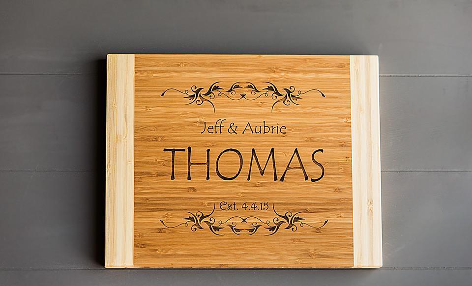 Customizable Newly Wed Family Name Bamboo Cutting Board | 11.375x8.625, PlaqueMaker